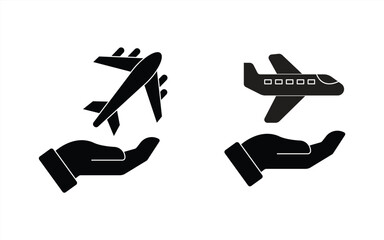 Travel insurance icon. Airplane in hand. Airplane. Air transportation. Commercial flight. Isolated icon on a white background. Vector illustration