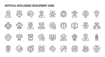 Thin line artificial intelligence icons representing machine learning and automation technologies in modern digital age, showcasing innovation and progress.