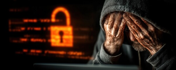 Frustrated hacker angrily stares at the screen, failing to breach the strong security system