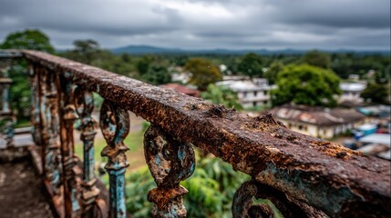 Naklejka premium Rusted balcony railing with a view of a town.