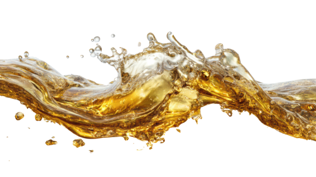 Golden liquid splash, isolated on a white background.