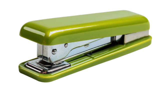 Green stapler on a white isolated background, ideal office accessory for document handling and organization.