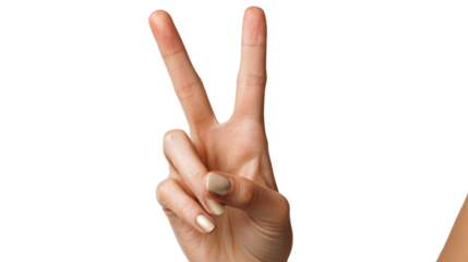 Hand gesture showing peace sign, isolated on white background.