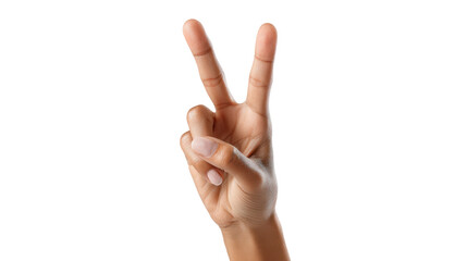 Hand gesture showing peace sign against white isolated background.