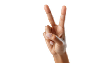 Hand gesture showing peace sign against white isolated background.