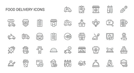 Collection of outline food delivery symbols representing various stages of order fulfillment and transportation on a clean white backdrop.