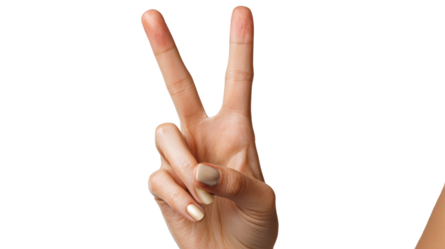 Hand gesture showing peace sign, isolated on white background.