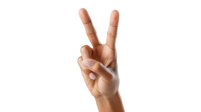 Hand gesture showing peace sign against white isolated background.