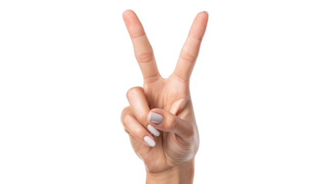 Hand gesture showing peace sign on white isolated background.