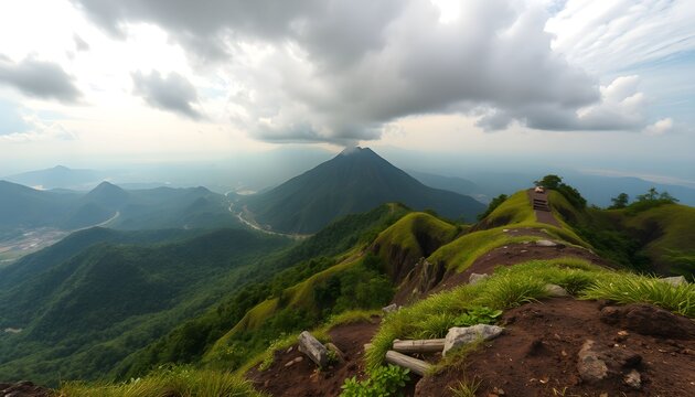A vast mountain range, lush greenery, and a peak with scattered vegetation under a cloudy sky.