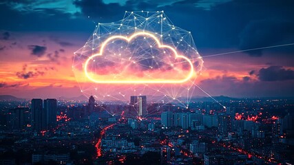 futuristic glowing cloud computing network icon with interconnected dots and lines above modern city skyline for global data exchange digital connectivity smart cities concept - Powered by Adobe