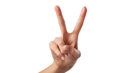 Hand making a peace sign, white isolate background.