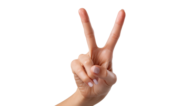 Hand making a peace sign, white isolate background.