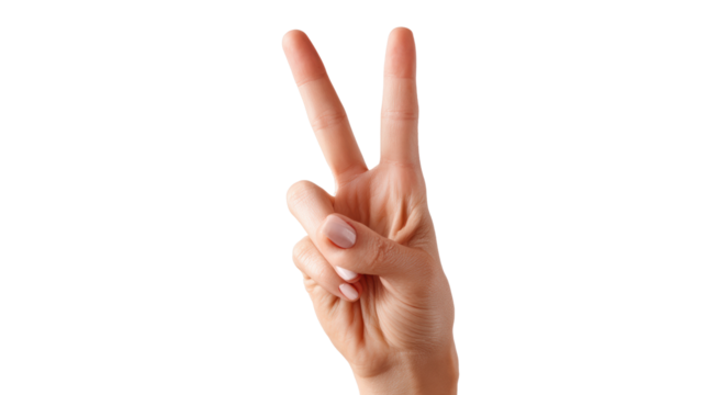 Hand making a peace sign gesture, white isolate background