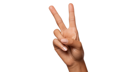 Hand showing peace sign on a white isolate background.