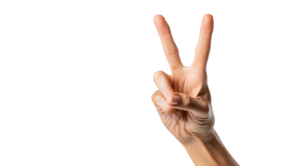 Hand showing peace sign, isolated on a white background.
