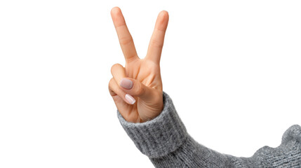 Hand showing peace sign, white isolate background.