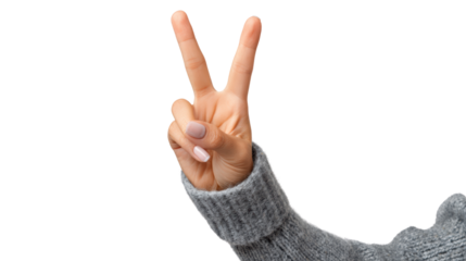 Hand showing peace sign, white isolate background.