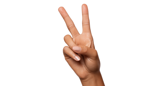 Hand showing peace sign on a white isolate background.
