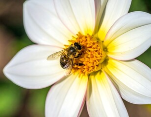 Bee on White Dahlia Flower