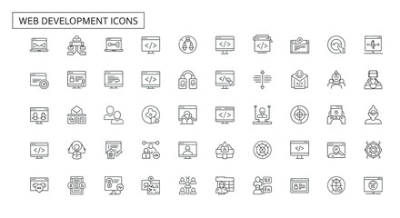 Web development elements displayed as line art representing coding, user interface, and networking in a clean and modern style.