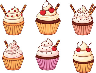 Delicious Cupcakes with Cherries, Chocolate, and Sprinkles Vector Illustration Set for Dessert Menu, Bakery Branding, and Sweet Food Designs