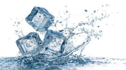 Ice cubes splashing in water, creating a refreshing and dynamic effect, isolated on a white background.