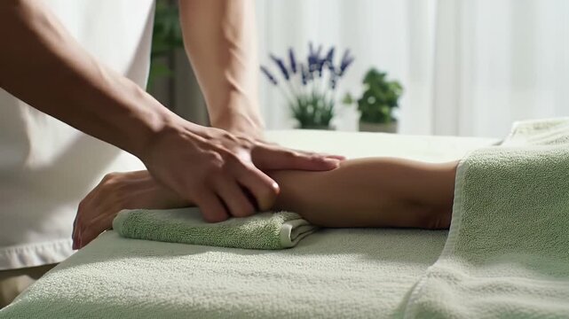 Gentle Leg Massage Close Up in Spa Setting With Relaxing Light Green Towels Promoting Stress Relief and Well-Being for Health Wellness and Beauty Advertisements and Promotions - Powered by Adobe