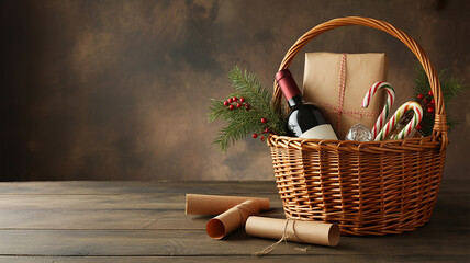 Festive holiday gift basket filled with wine candy canes and treats