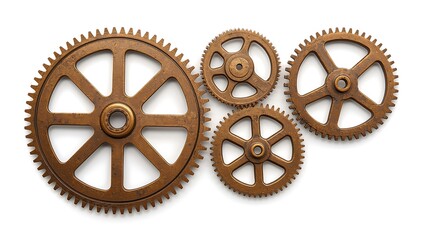 Aged Bronze Cogwheels Interlocked on a Pristine White Background