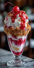 Layered ice cream sundae with whipped cream, crushed cookies, and raspberry sauce. A maraschino cherry tops the dessert