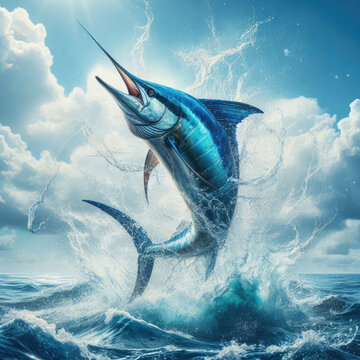 Energetic Atlantic blue marlin jumps with lightning effect and splashes on cloudy sky. Perfect for sport fishing outfits, tees, souvenirs, showcasing dynamic hobby