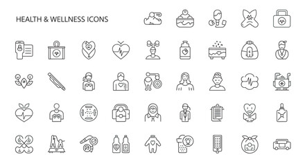 Collection of wellness symbols arranged in neat rows representing various health and selfcare practices on a clean white backdrop, conveying a sense of wellbeing.