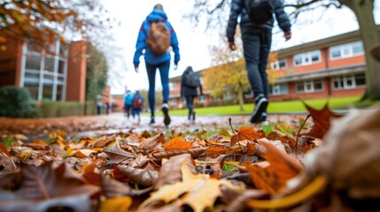 Fototapeta premium Students walking on a school campus path covered with vibrant autumn leaves in fall