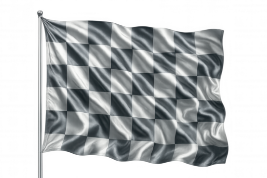 Checkered racing flag fluttering, symbolizing motorsport finish line triumph, against transparent backdrop