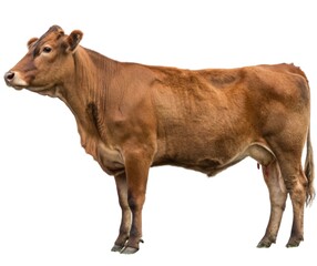 A young brown and white calf stands in a lush green meadow, with a backdrop of a clear, bright sky