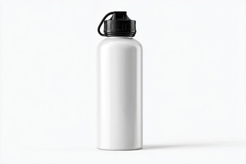 White metal water bottle with black cap.  Empty,  isolated on white background.  Sleek, modern design.  Simple, clean lines