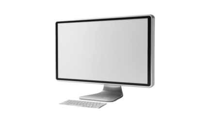 Modern computer monitor and keyboard with a sleek design, isolated on a white background.