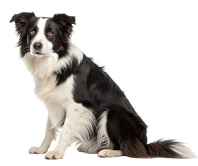 Fototapeta premium A cute black and white border collie puppy sitting on a white background
