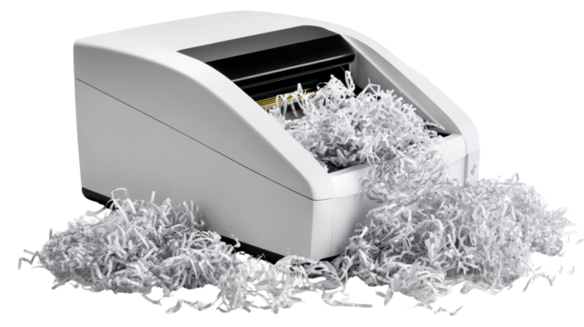 Office shredder with shredded paper spilling out, white isolate background.