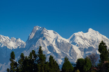 From left - Mount North Kabru and Mount Talung (24200 feet) - beautiful view of Himalayan mountains at Ravangla, Sikkim. Himalaya is the great mountain range in Asia .