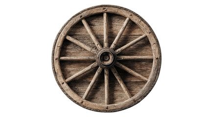Old wooden wagon wheel on a white isolate background.