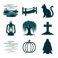 Eerie vector foggy haunted outline lantern bridge black pumpkin icon pale fog