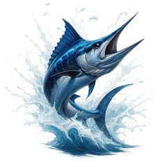 Bold Atlantic blue marlin jumps with open mouth and splashes on white canvas. Perfect for sport fishing outfits, tees, souvenirs, capturing angling excitement
