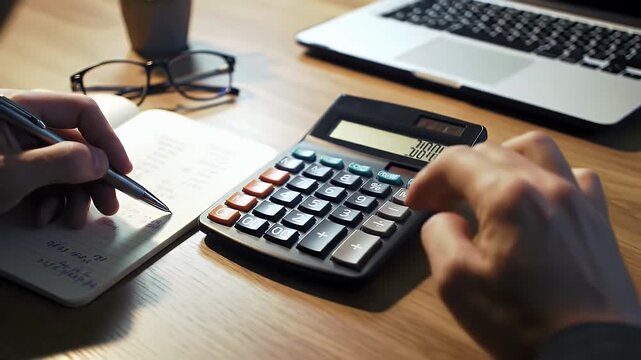 Person Calculating Budget Using Calculator and Notebook on Wooden Desk