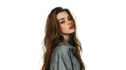 Portrait of a woman with long hair, wearing a casual shirt, posing creatively with a thoughtful expression.