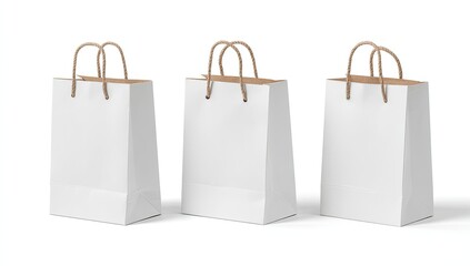 Three blank white paper shopping bags, light beige handles,  isolated on white