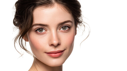 Fototapeta premium Portrait of a young woman with natural beauty and soft features on a white isolated background.
