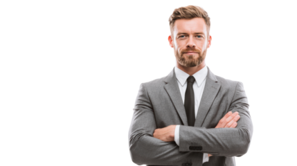 Professional businessman in suit posing confidently with arms crossed against a white background.