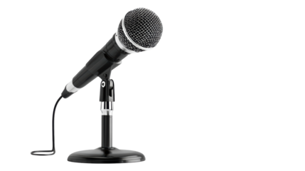Professional microphone on a stand ready for use in a studio or performance setting.